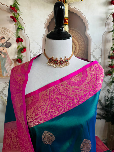 Banarasi Katan Pure Silk Saree | Peacock Blue Green & Pink| Gold Zari | Handwoven | Ships from California